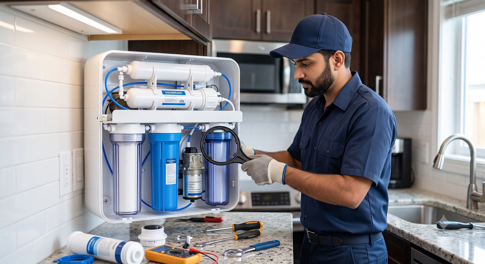 RO technician repairing a purifier